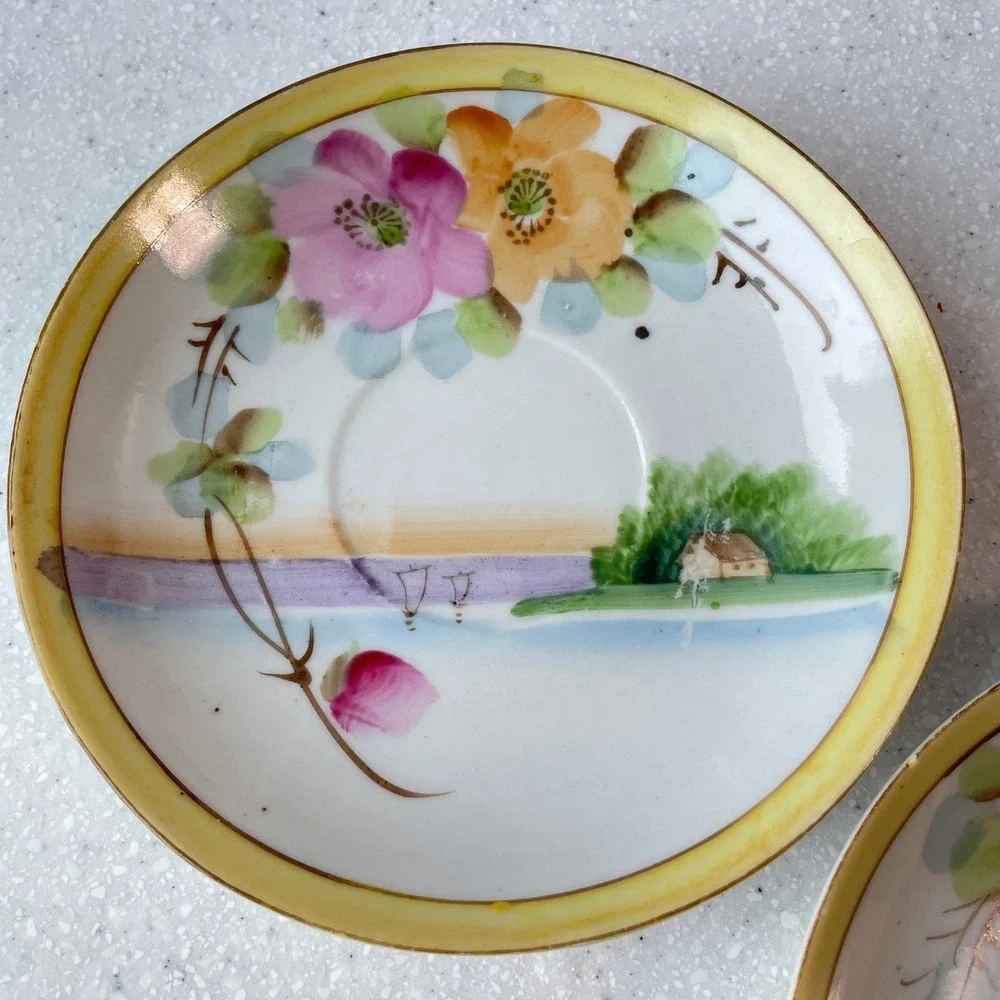 Vintage Takito TT Hand Painted Japan Saucers Floral Landscape Set of 2 5.5